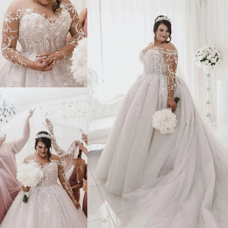 Plus Size Princess Wedding Dresses 2022 Modern Sheer Neck Long Sleeve Lace Applique Pearls Wedding Gown vestido de novia