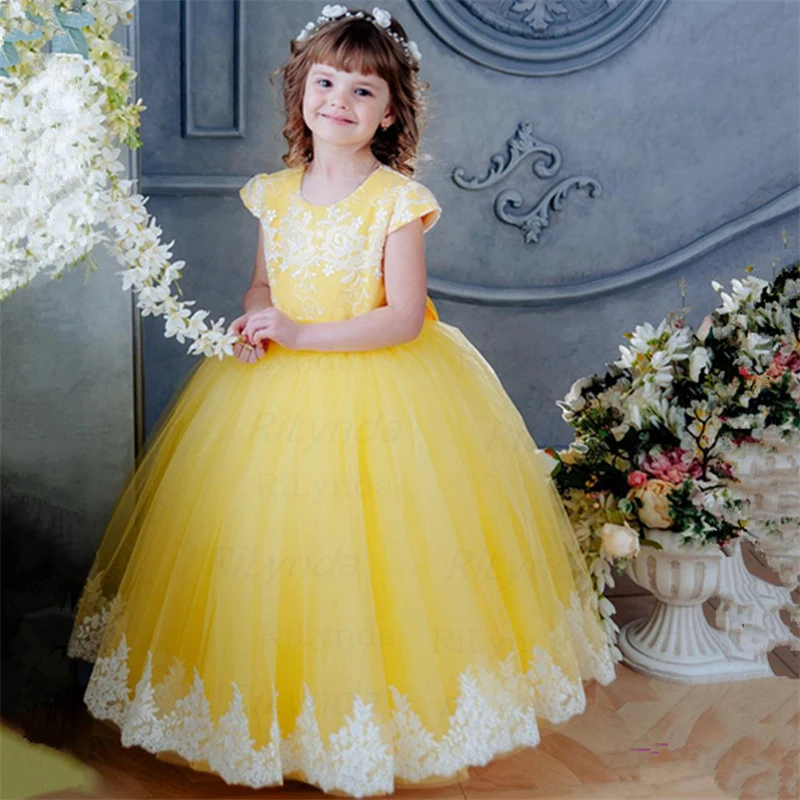 Yellow Flower Girl Dress,Short Sleeve Dress, Gown for Baby Birthday Party,Wedding Party Dress for Girl