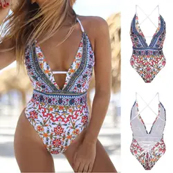 Women new One Piece Monokini Push Up Padded Bikini Swimwear Swimsuit Bathing Suit Floral Halter Summer Backless 2021 Beachwear