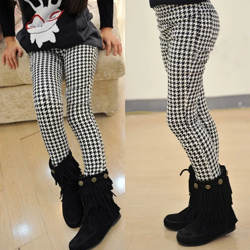 

Girls Spring Autumn Pencil Pants Girls Houndstooth Leggings Classical Swallow Gird Skinny Tights Elastic Waist