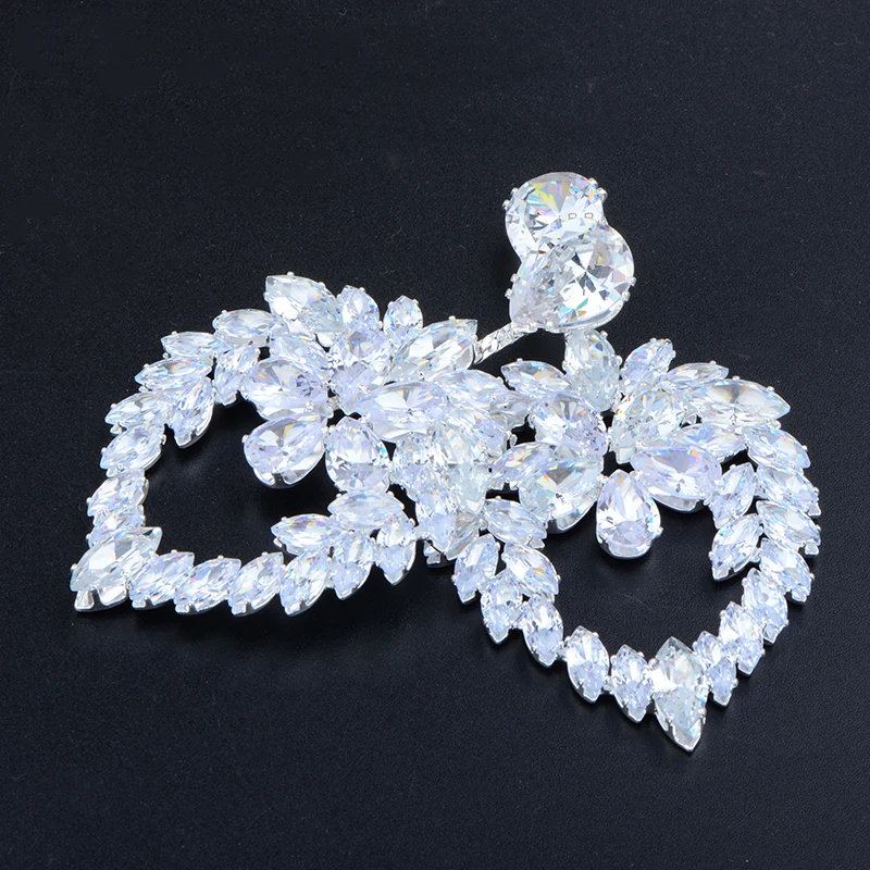 JUNAO 1Pc 50*90mm Sew On Clear White Cubic Zirconia Rhinestone Flower Brooch Flatback Silver Claw Zircon Crystal Applique Crafts