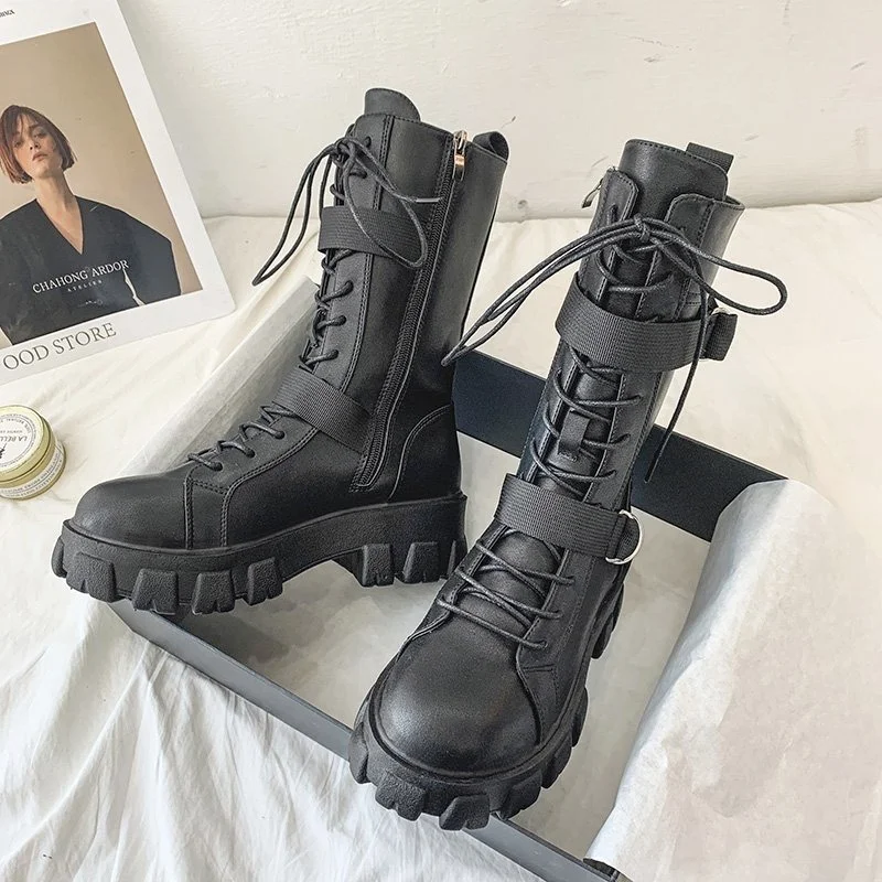 2021 Women Mid-Calf Boots Autumn Winter Punk Genuine Leather Boots Women Zipper Cross-tied Riding Boots High Heels Shoes Woman