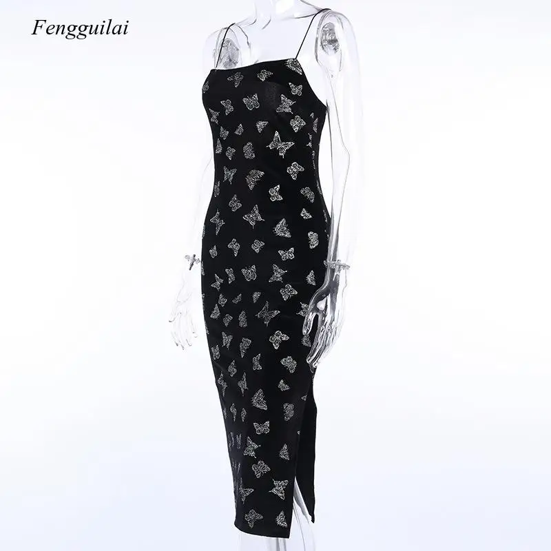 Vintage Grunge Long Harajuku Punk Spring 2021 Summer Splice Backless Butterfly Print Dress Butterful Print Chic