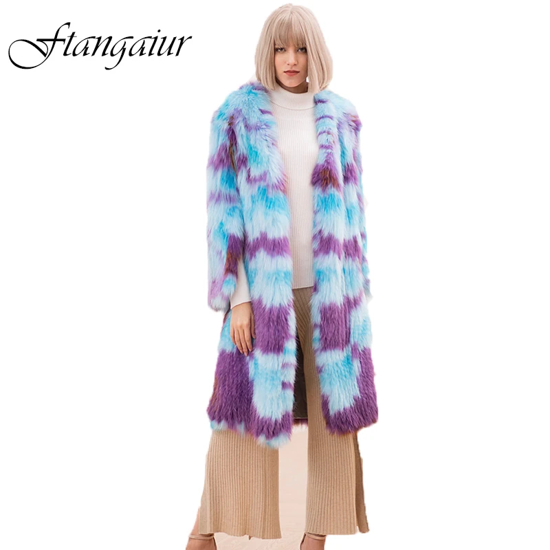 

Ftangaiur New Winter Imported Fox Fur Coats V-Neck Contrast Color Fox Fur Coat Loss Light Women X-LongNatural Fur Fox Fur Coats