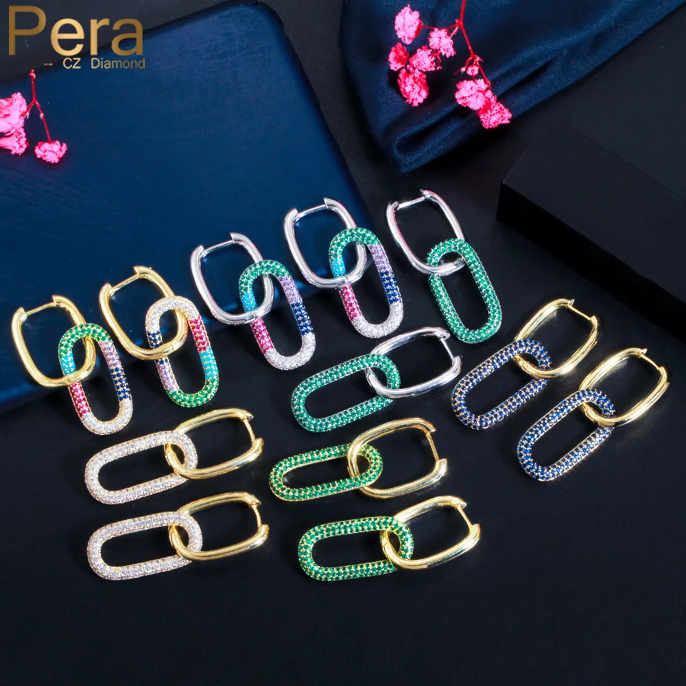 Pera Brand Designer Micro Multi Rainbow CZ Pave Long Dangle Double Circles Drop Earrings for Women Fashion Party Jewelry E684