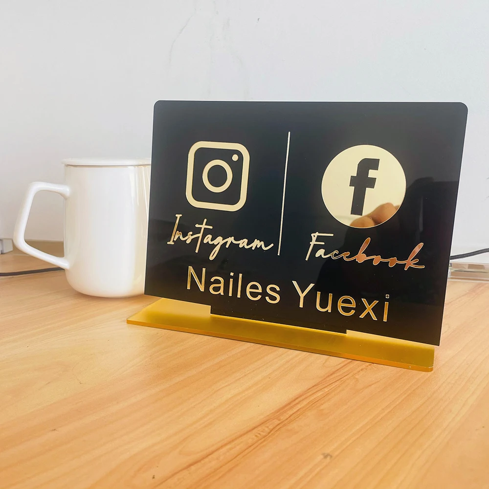 Custom Instagram Facebook White Table Sign Personalized Mirror Gold Acrylic Laser Cut Twitter YouTube Shop Store Sign with Base image 4