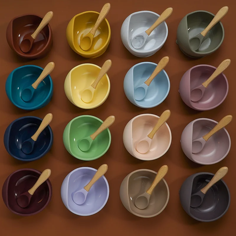 22colors!!1set Silicone Baby Feeding Bowl Set Baby Learning Dishes Suction Bowl Set Wood Spoon Non-Slip