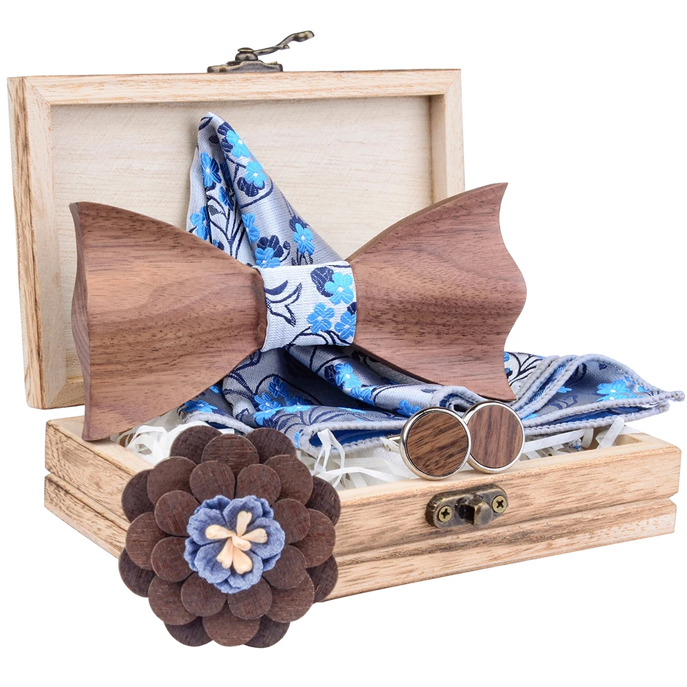 Ricnais Novelty  3D Wooden Bow Tie Floral Pocket Square Cufflink Brooch Set And Wood Box Suit For Mens Wedding Handkerchief Ties