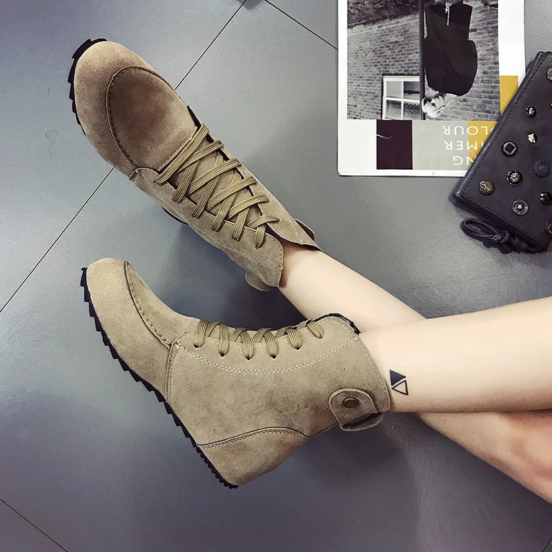 

Women Shoes 2021 Spring Genuine Leather Female Short Boots Suede Women Booties British Lace Retro Trend Women Naked Boots