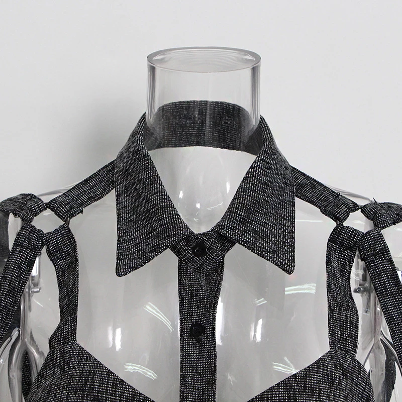 ECRURANI Cut Out Black Women's Blouse Lapel Long Sleeve Casual Patchwork Solid Short Shirts For Female 2022 Fashion New Clothing