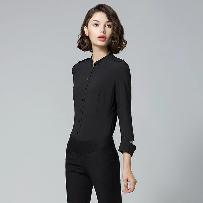 2020 frühling Frauen Tops Smart Büro Bluse Viertel Sleeve Stehkragen Schulter Epauletten Weiß Shirts Body Schwarz