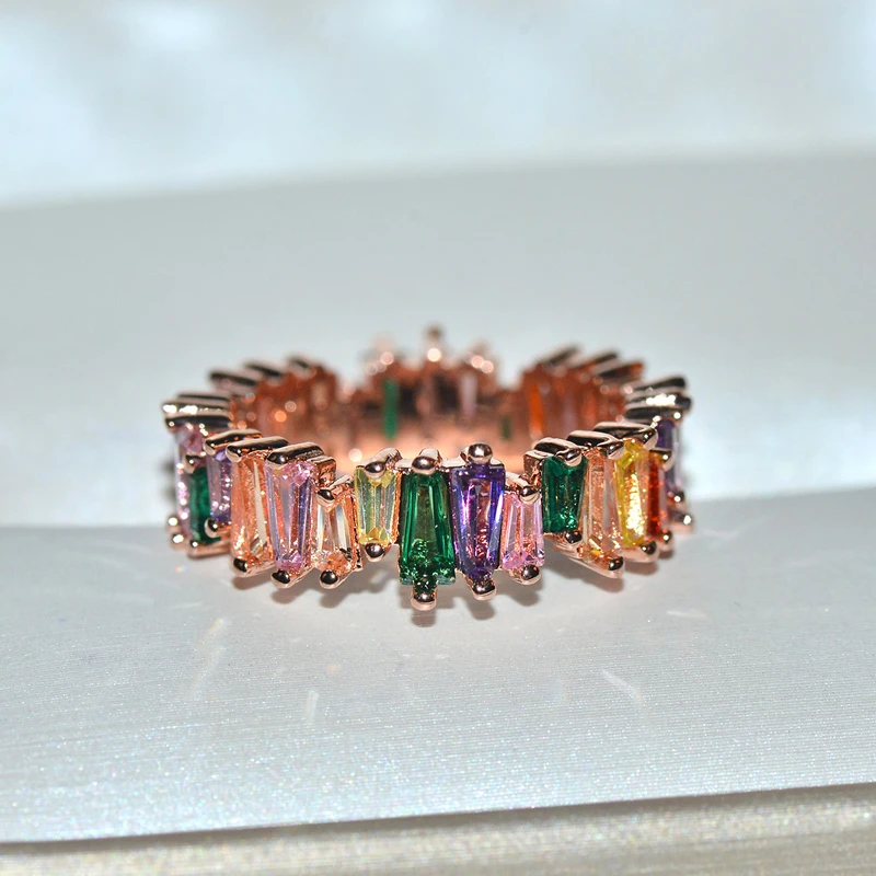 Hot sale T Shape colorful zircon Stone Ring Luxury Baguette AAA Cubic Zircon Bridal Ring Charms For Women Wedding Finger Jewelry