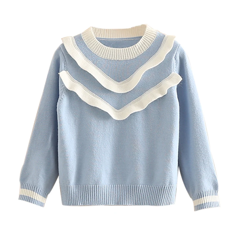 Autumn Spring Winter 3 4 5 6 8 9 10 12 Years Children\'s O-Neck Ruffles Patchwork Soft Knitted Pullover Kids Baby Girls Sweater