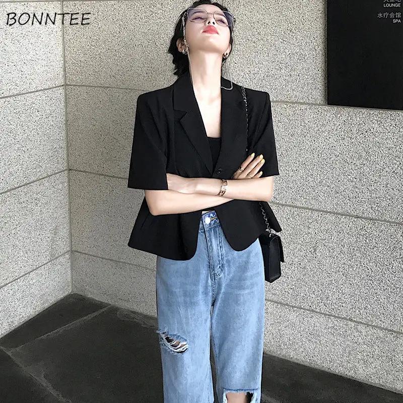 Blazers Women Fashion Casual Short Sleeve Loose Korean Style Office Lady Single Breasted Elegant All-match Summer Female Clothes