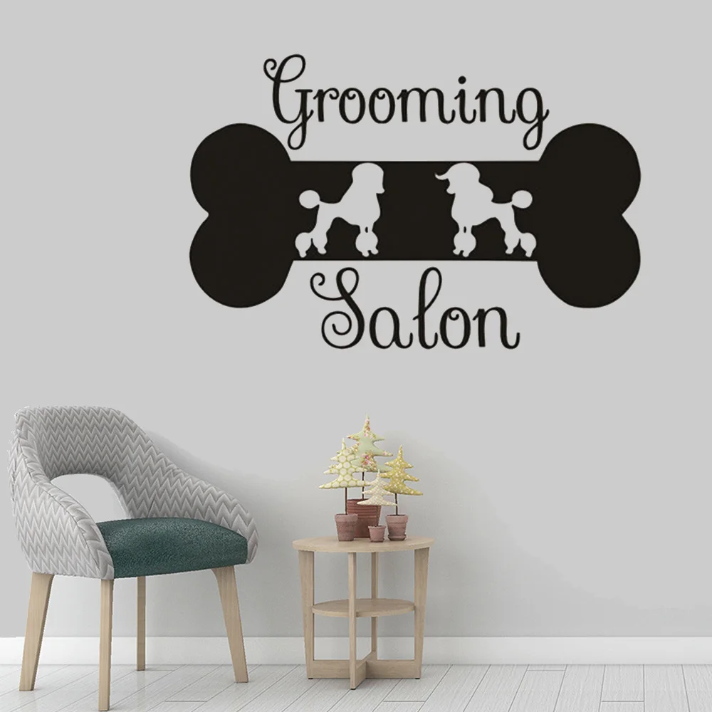 Pets Grooming Salon Sign Wall Decal Teddy Poodle Dog Grooming Wall Sticker Pet Store Decoration Bone Shape Vinyl Mural