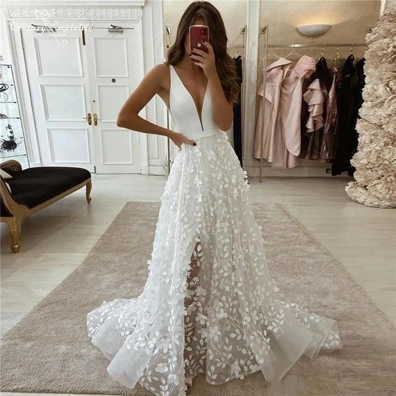 

Boho Wedding Dresses for Women 2023 Side Slit Backless 3D Lace Bohemian Bride Dress Beach Bridal Gowns Vestido De Noiva