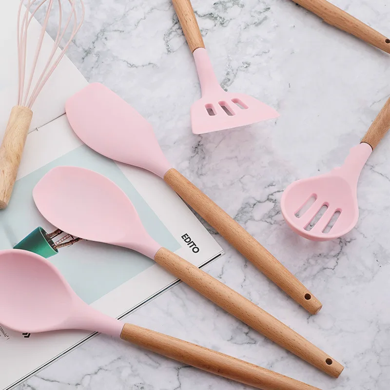 Pink Silicone Kitchen Tools Cooking Sets Soup Spoon Spatula Non-stick Shovel with Wooden Handle Special Heat-resistant Design