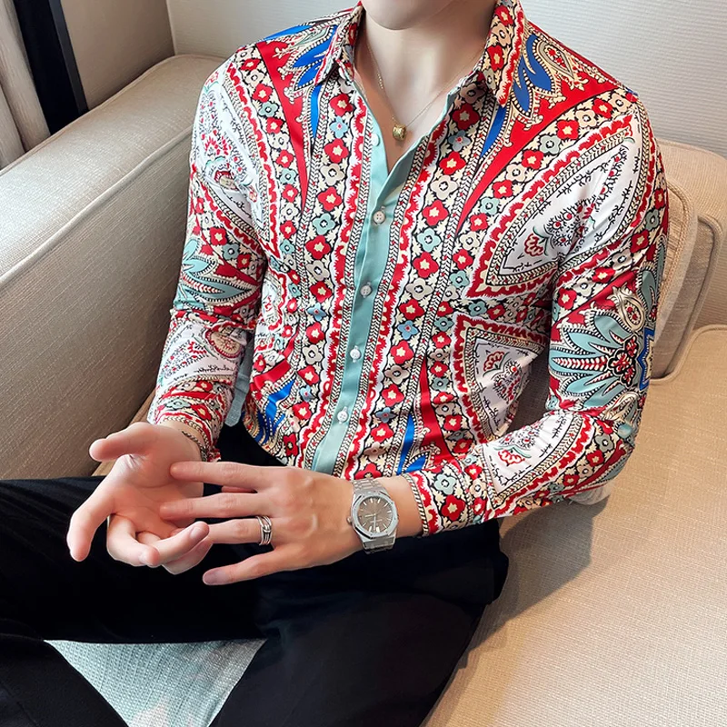 Men\'s Ethnic Floral Shirts Dress Casual Long Sleeved Slim Fit Royal Banquet Blouse Men Autumn Prom Party Camisas Para Hombre