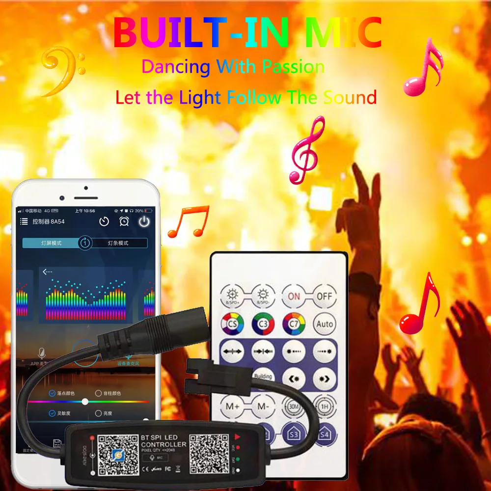 Bluetooth Music LED Controller Built-in MIC With Remote For WS2811 WS2812B WS2812 SK6812 Smart Pixels Strip Light USB5V DC12-24V