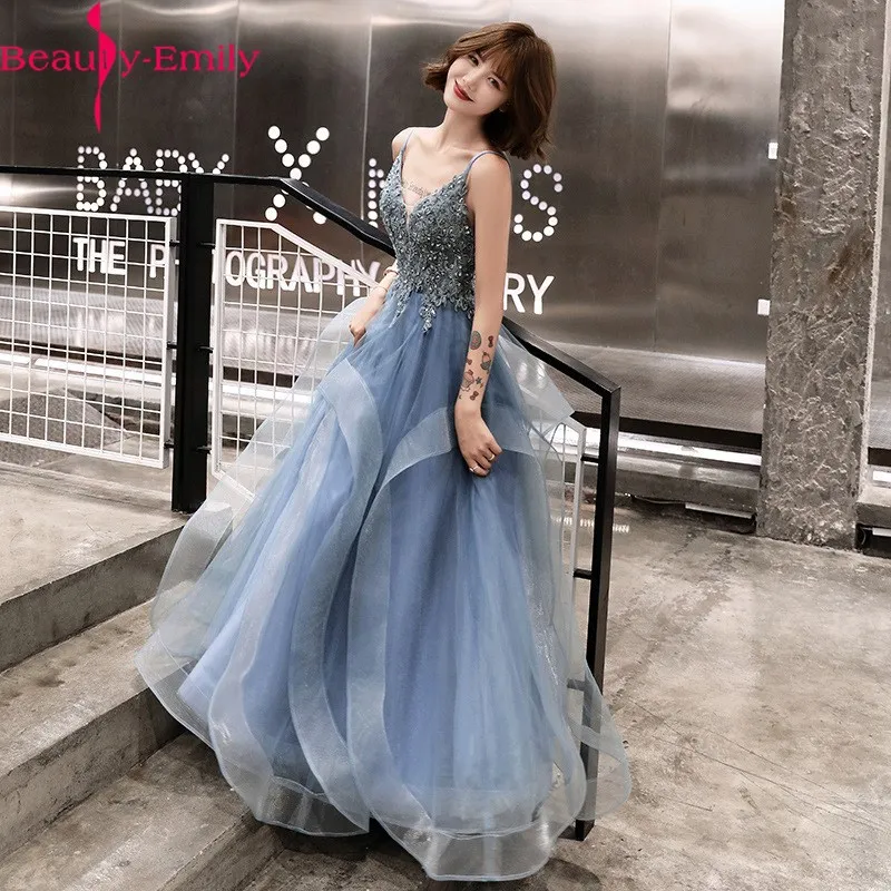 

Beauty Emily 2021 Sexy V Neck Lace Appliques Evening Dress Long Elegant Spaghetti Strap Open Back Beading Formal Dress Vestidos