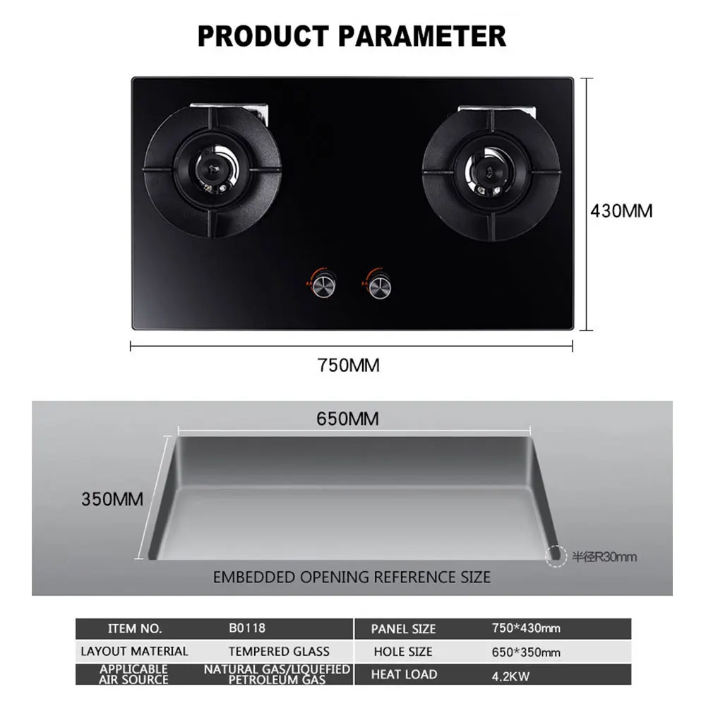 Встроенная газовая плита, бытовая энергосберегающая, закаленная, газовая плита со стеклянным покрытием Простая очистка