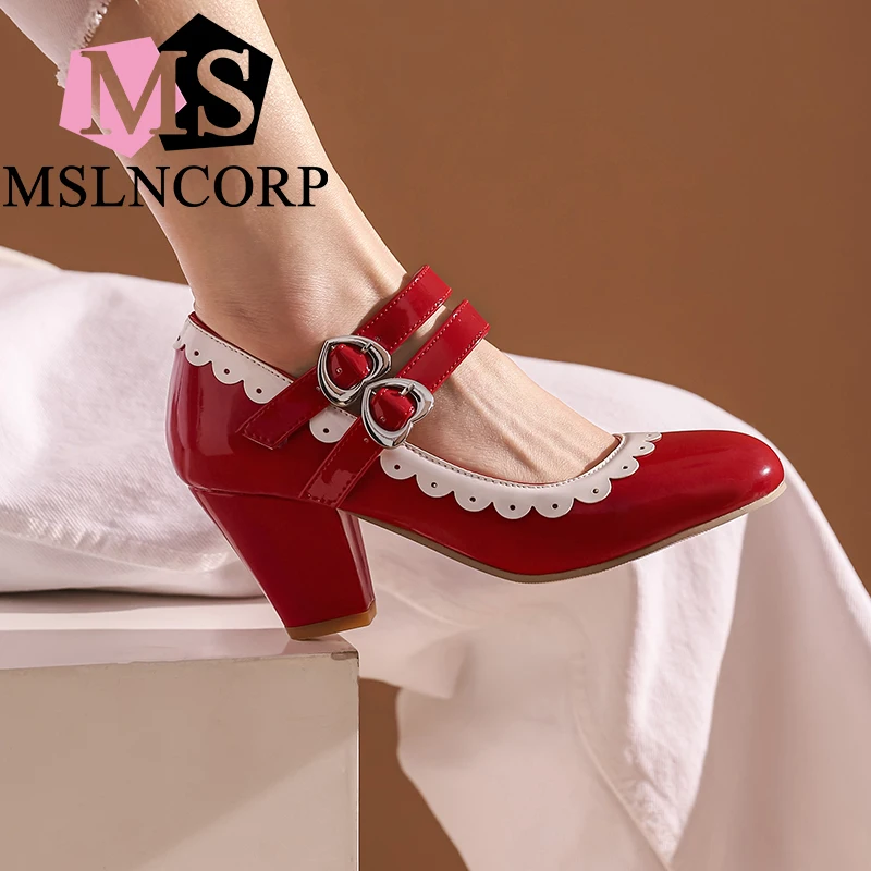

Plus Size 34-48 New fashion Square Buckle solid high heels shoes nightclub women pumps slip on red wedding Dress party shoes