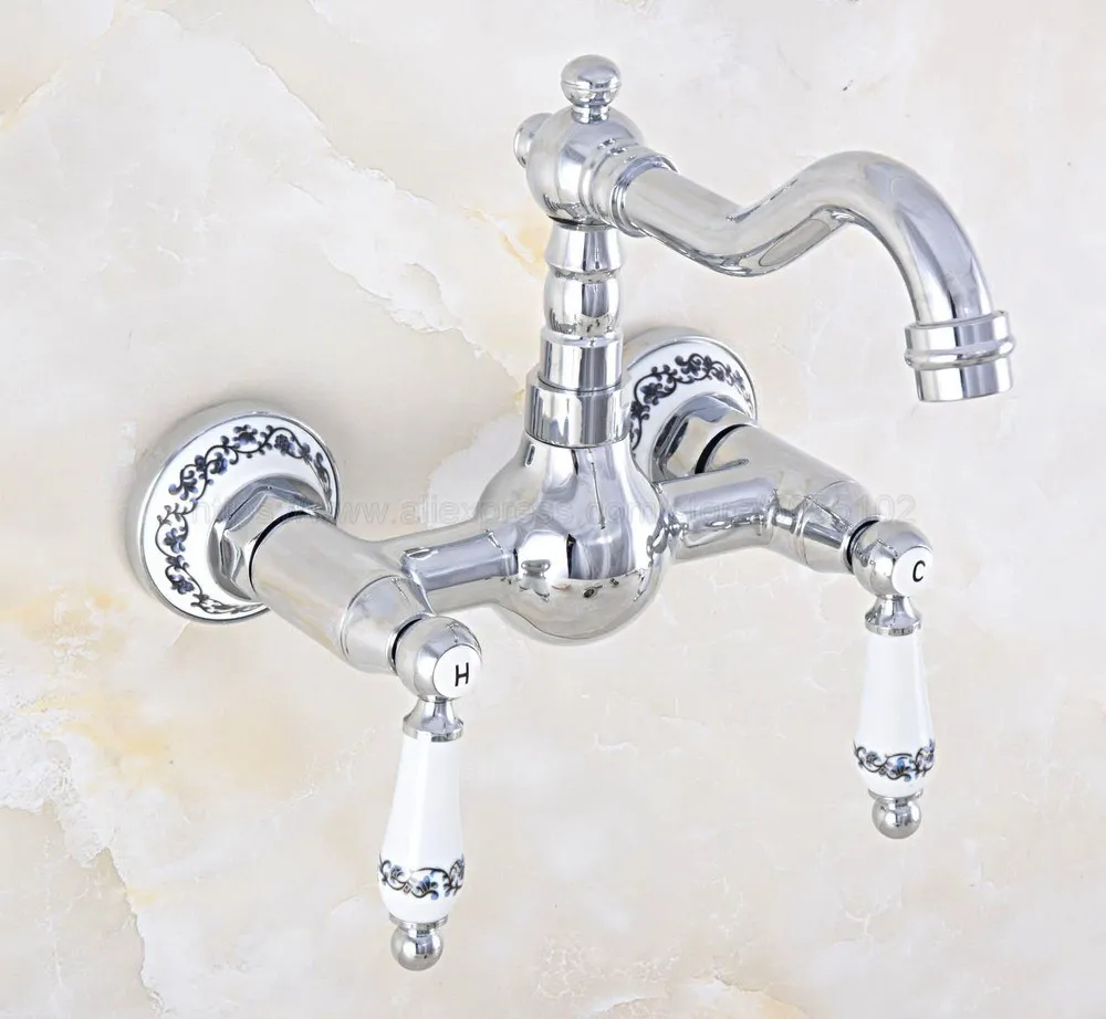 

Polished Chrome Dual Handles Bathroom Kitchen Sink Faucets Wall Mounted Swivel Spout Two Holes Kitchen Mixer Taps znf568