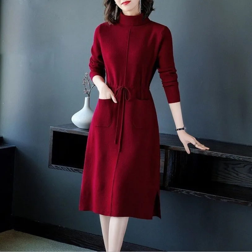 Red Knitted Cotton Turtleneck Midi Sweater Dress Autumn Winter Thick Warm Sweaters 2024 Korean Vintage Elegant Bodycon Sweaters