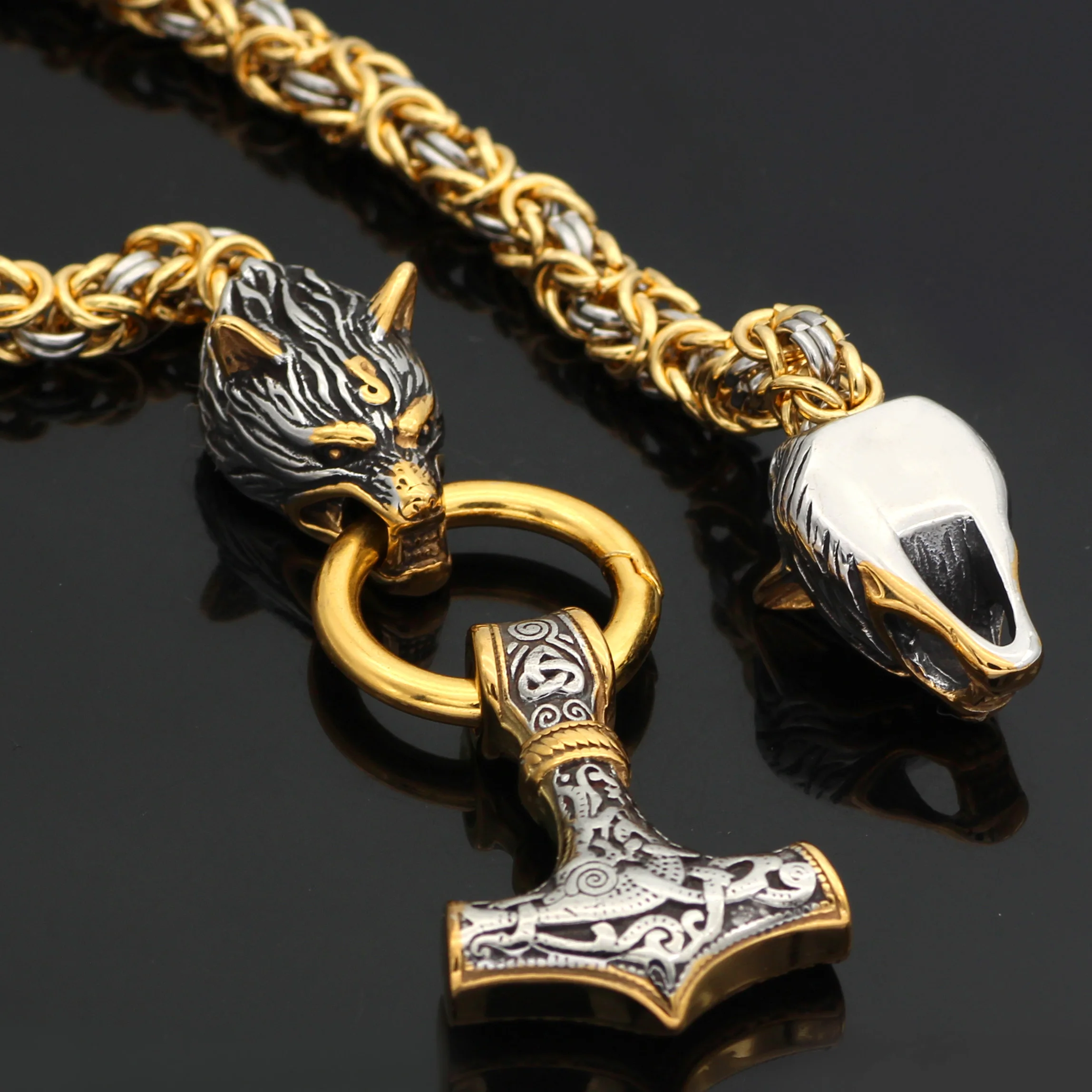 Men Stainless Steel Wolf Head Chain Nordic Thor's Hammer Pendant Rune Amulet Necklace Viking Rune Jewelry