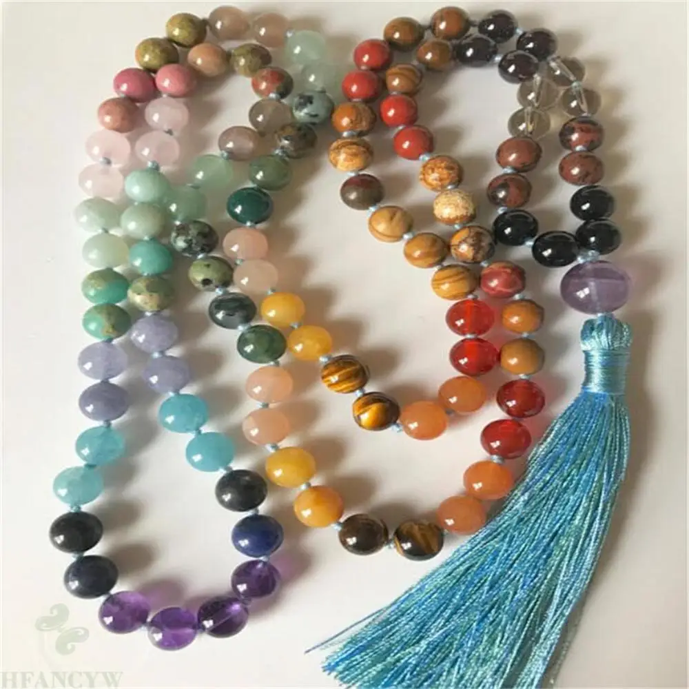 8mm Colorful Chakra 108 Bead Tassel Knotted Necklace Wrist Buddhism Elegant Bless Yoga Reiki Wristband Spirituality Meditation