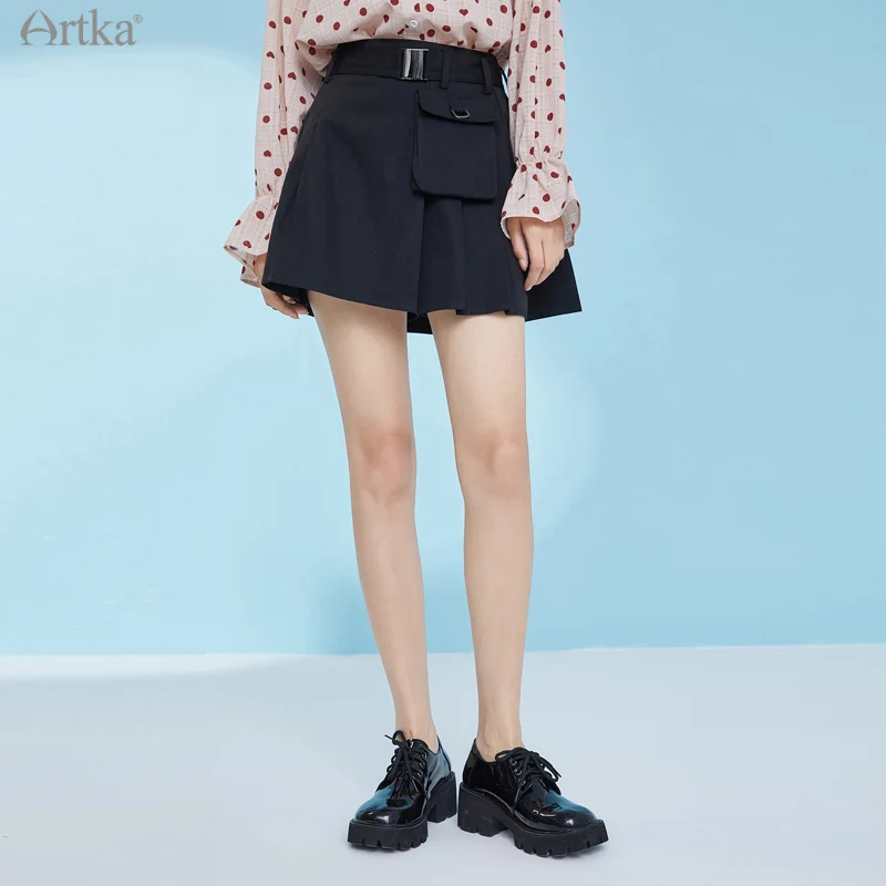 ARTKA 2021 Spring New Women Skirt Fashion High Waist A-Line Black Skirts Casual Safari Pocket Short Skirt With Belt QA22015C