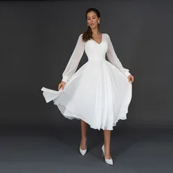 White Chiffon Short Wedding Dress For Bride Tea Length A Line Bridal Gown With Long Sleeves V Neck Very Price свадебное платье