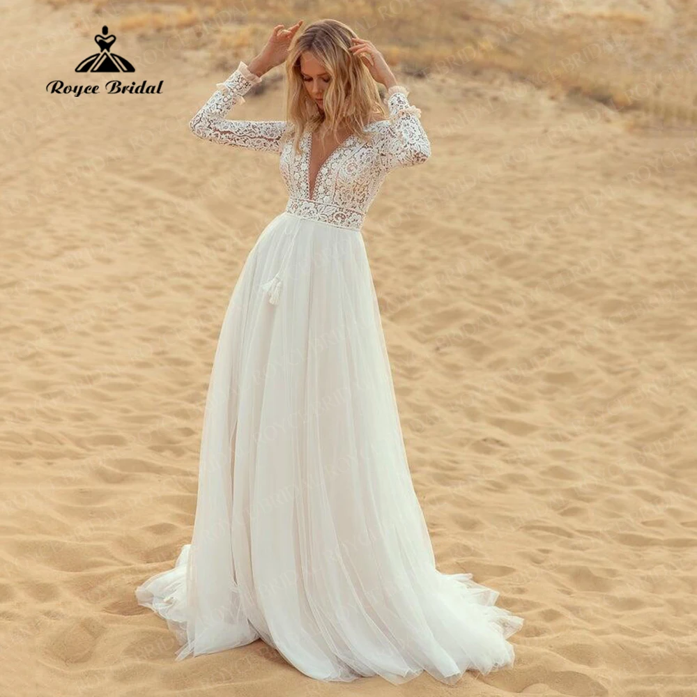 Bohemian Beach งานแต่งงานชุด V คอยาวแขนลูกไม้และ Tulle ชุดเจ้าสาวสายกวาดรถไฟ Vestido De Novia