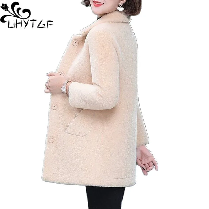 UHYTGF Casual Mother Autumn Winter Coat Quality Mink Fleece Warm Fur Jacket Women's Fashion Pocket 5XL Loose Size Outerwear 1600