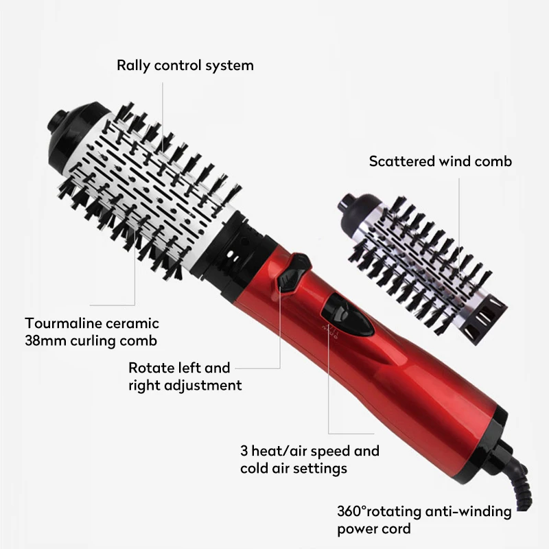 2 In 1 Rotating Brush Hot Air Styler Comb Curling Iron Roll Styling Brush Hair Dryer Blow With Nozzles 2 Speed & 3 Heat Setting