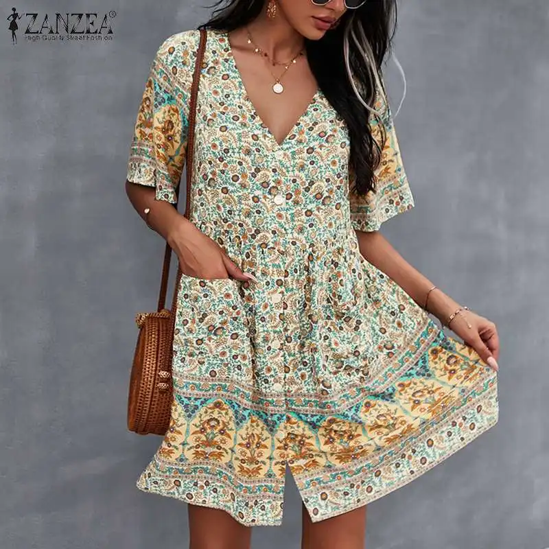 Women Bohemian Printed Sundress ZANZEA V Neck Mini Dress 2023 Summer Short Sleeve Floral Kaftan Ladies Holiday Button Vestidos
