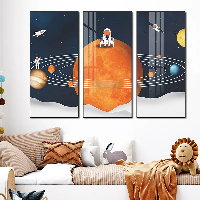 

Cartoon Astronaut Planet Triptych Wall Sticker For Kids Room Decoration Decals Baby Bedroom Home Decor Mural Decorative Painting