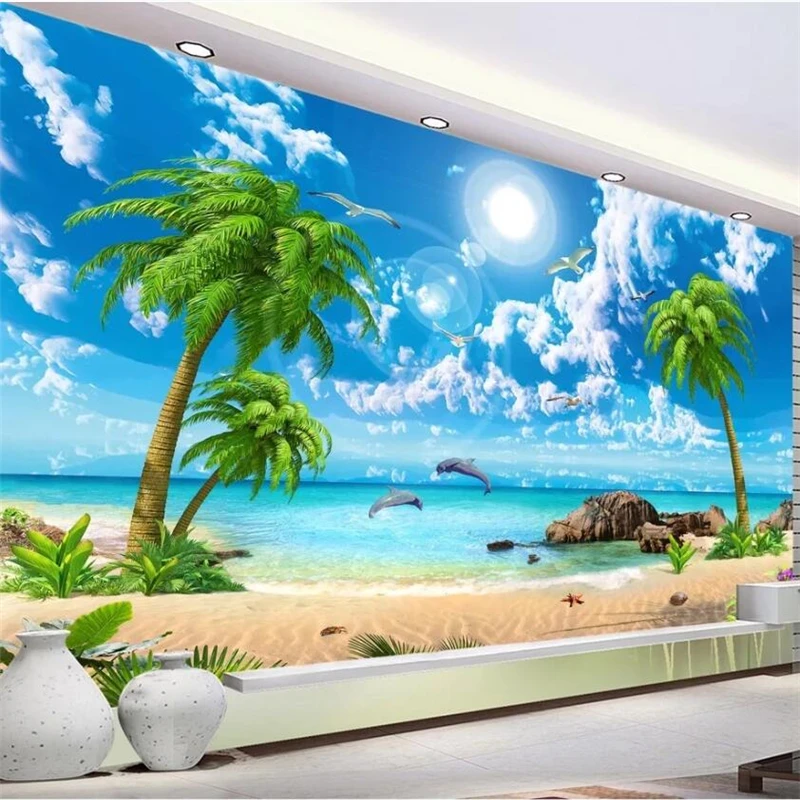 wellyu Customized large wall painter HD beautiful dreamy seascape coconut tree beach landscape TV background wall