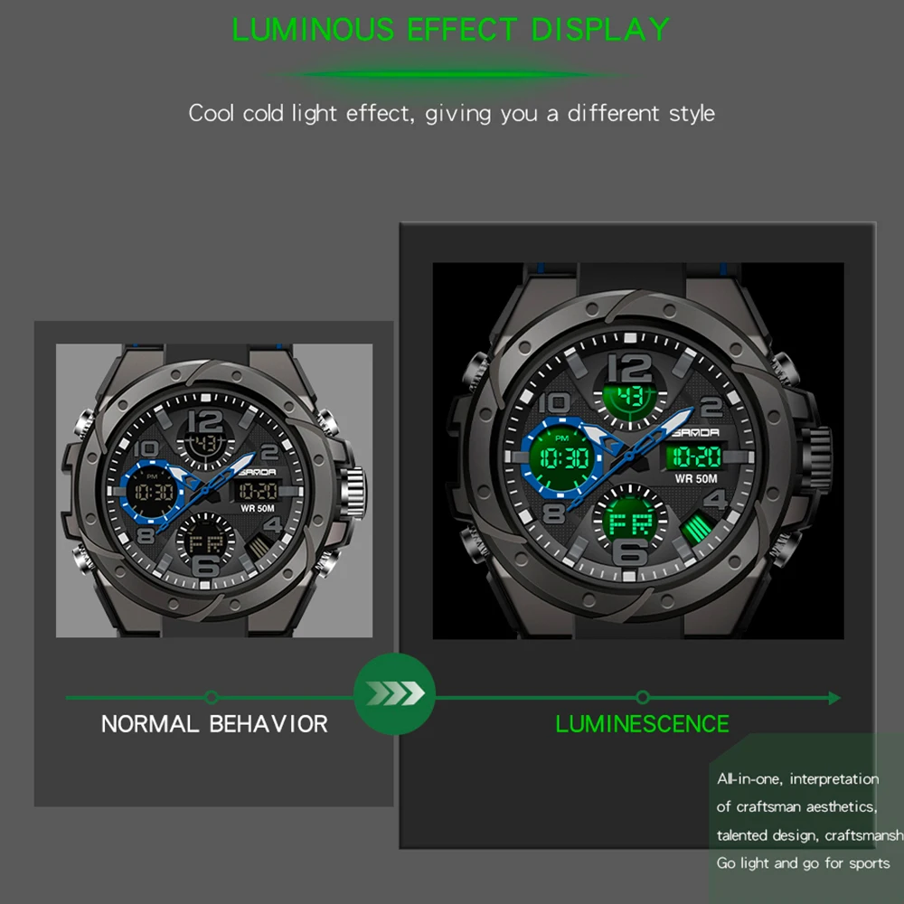 SANDA G style Men\'s Military Sports Watch LED Digital Quartz Dual Display Watch Waterproof Men\'s Watch Relogio Masculino