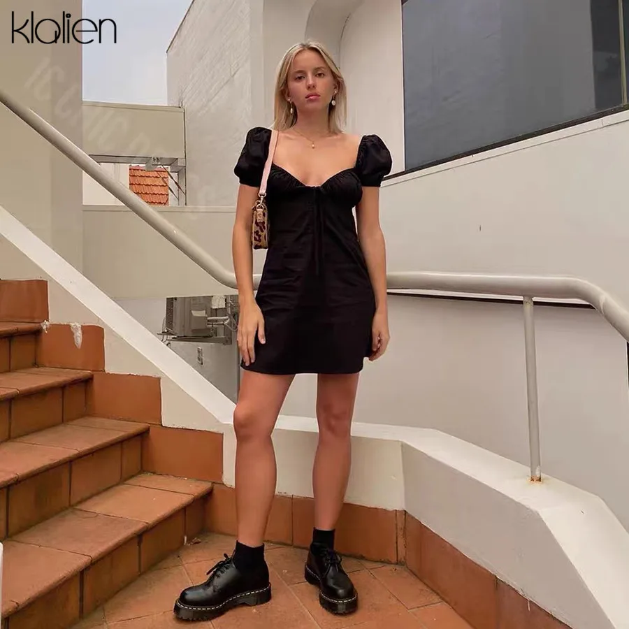 KLALIEN black sexy low chest french romantic summer dress 2020 elegant simple vintage kawaii korean young streetwear dress women