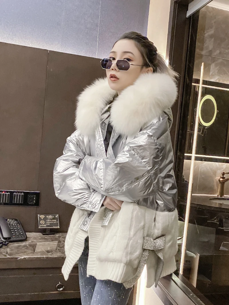 White Duck Down Knitt Stitching Fox Fur Collar Coat Shiny Feather Jacket Short Women 2024 Winter Warm Outwear Lady Hooded Parkas