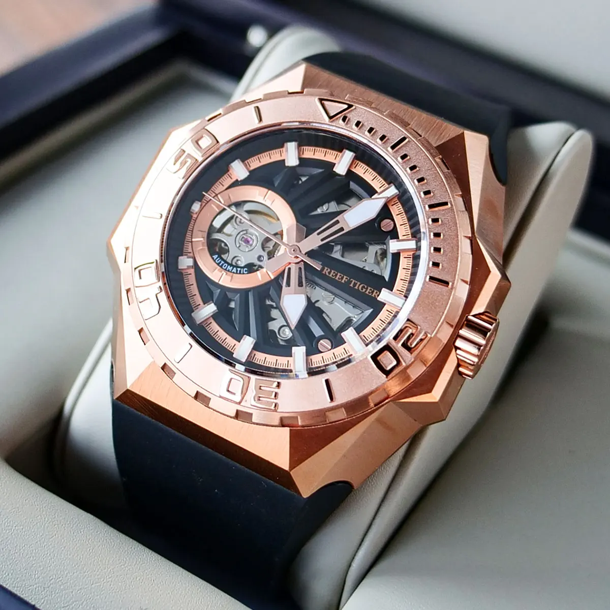 Reef Tiger/RT Top Brand Luxury Mechanical Skeleton Watch Rose Gold Watches For Men Automatic Rubber Watch Accessories RGA6903-S