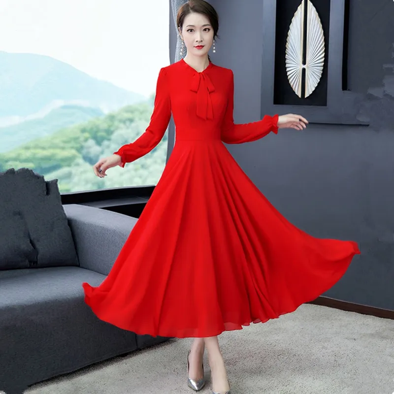 UHYTGF Fashion Chiffon Spring Dress Women Big Swing Temperament Female Long Dress Red Black Ladies Elegant Big Size Dresses 1422