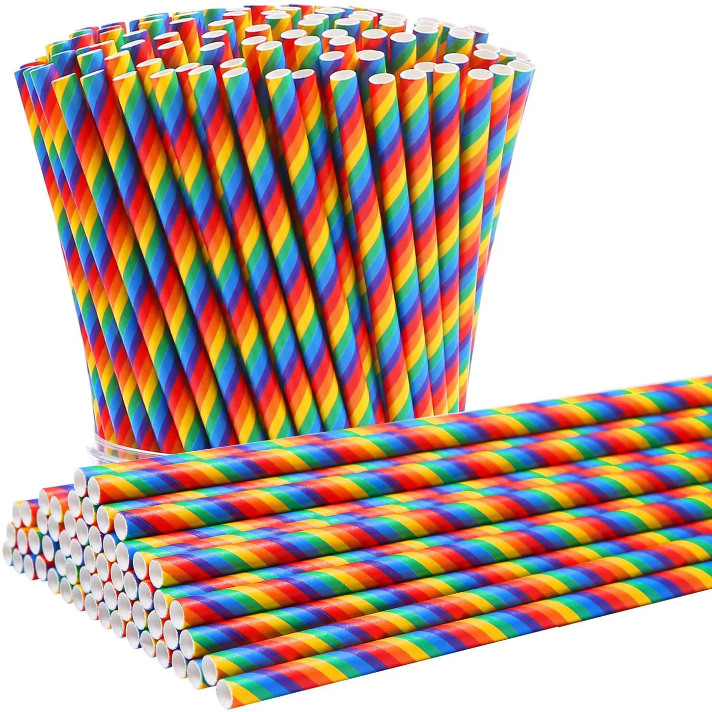 100 Pcs Rainbow Stripe Paper Straws,Yellow Blue Green Purple Orange Red Colorful Birthday Carnival Party Bar Kids Drinking Juice