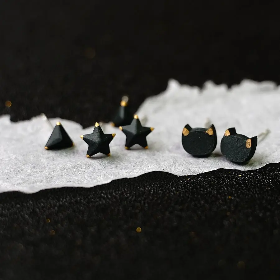 Original Ceramic 925 Silver Earrings Neutral Men and Women Triangle Classic Couple Earrings Black Gold Color Charm Jewelry Gift