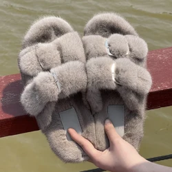 Winter Fur Real Mink Slippers Women Slippers For Women 2022 Flat Warm Soft Indoor Fur Slippers Luxury Designer Female Shoes