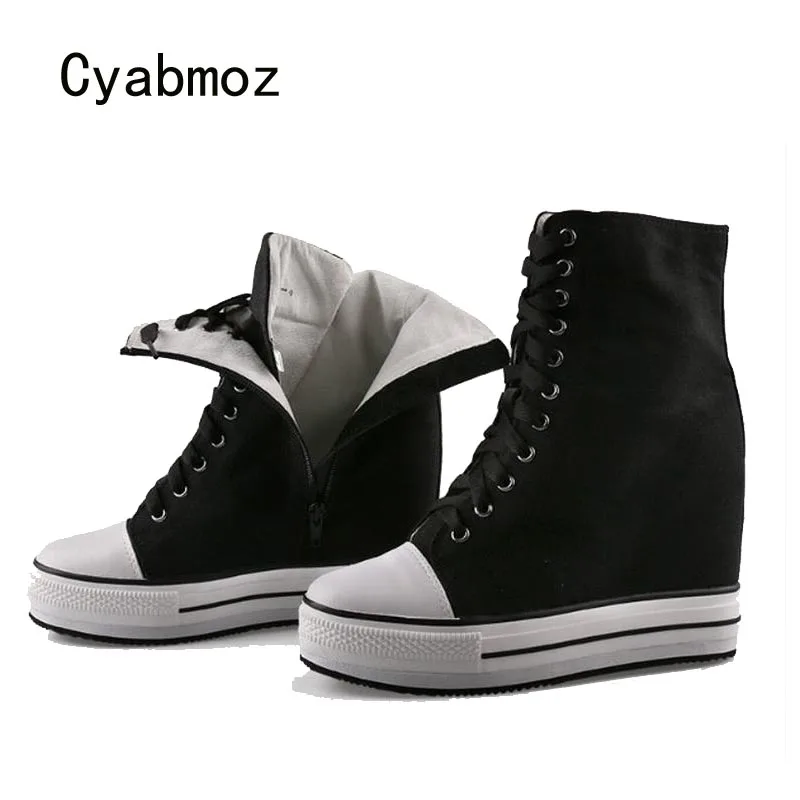 Cyabmoz Canvas High heels Top Sneakers Hidden height increasing Shoes Woman Pumps Zip Women Ladies Party Shoes Tenis feminino