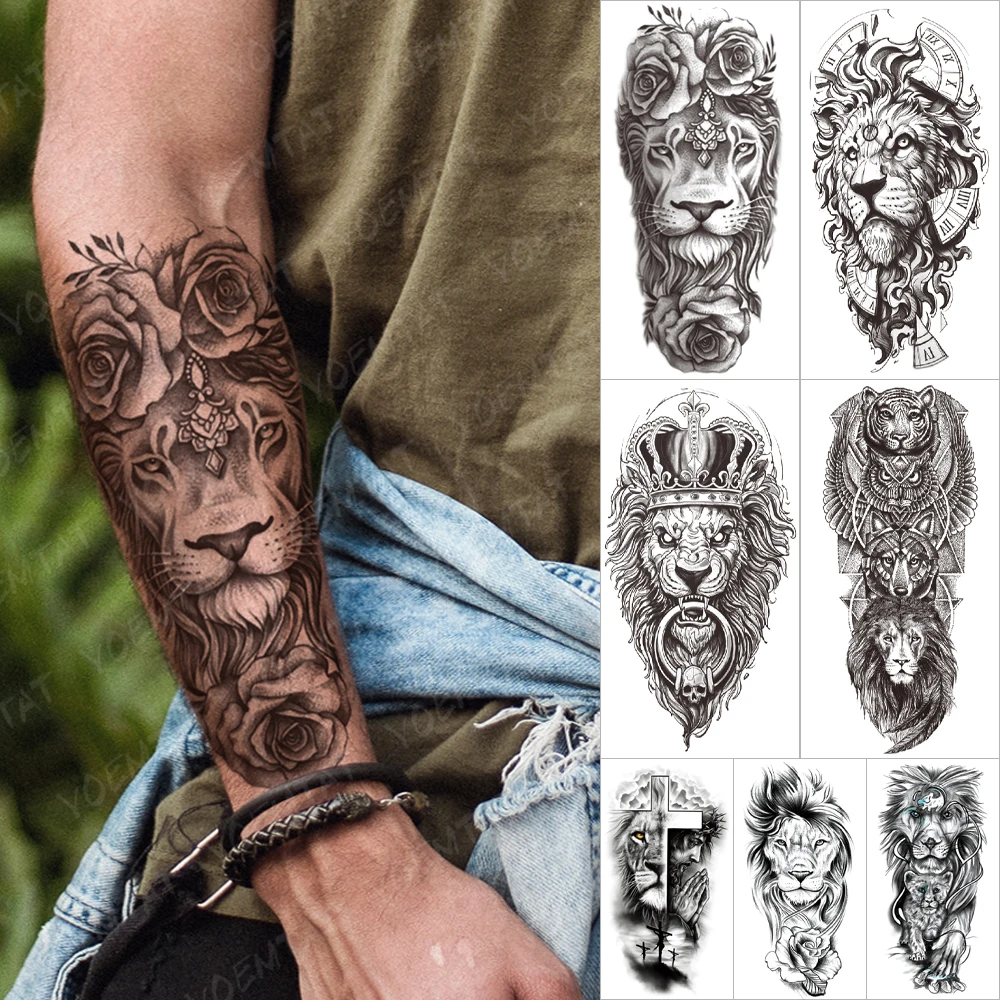 

Waterproof Temporary Tattoo Sticker Jewel Rose Flowers Lion Tattoos Crown Cross Animal Body Art Arm Fake Sleeve Tatoo Women