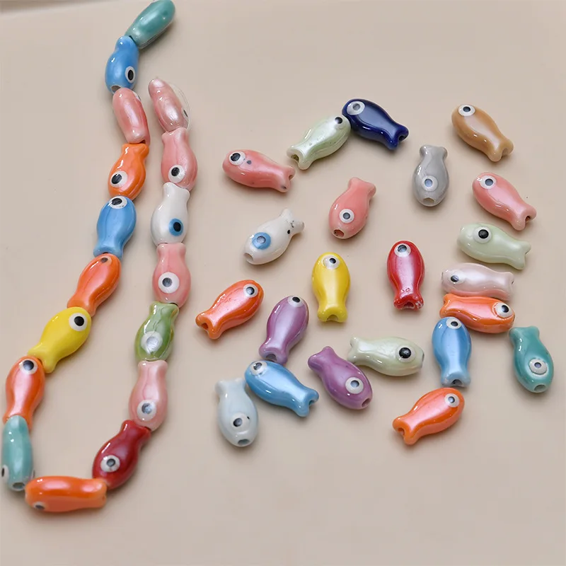 10pcs 19x10mm Evil Eye Small Fish Ceramic Beads Mix Color Loose Spacer Cute Animal Ceramics Bead For Jewelry Making DIY