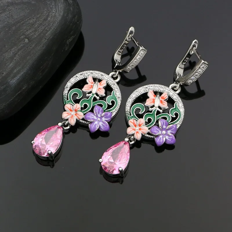 925 Silver Bridal Jewelry Set For Women Wedding Colorful Enamel Pink Cubic Zirconia Drop Earrings Ring Pendant Necklace